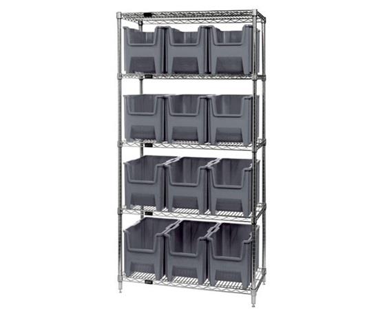 CHROME WIRE SHELVING UNITS WITH GIANT HOPPER BINS