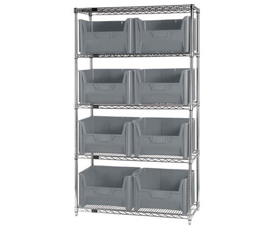 CHROME WIRE SHELVING UNITS WITH GIANT HOPPER BINS