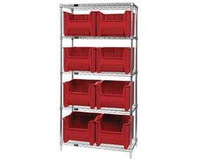 CHROME WIRE SHELVING UNITS WITH GIANT HOPPER BINS